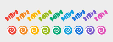 colorful candy set, birthday sweets, collection of candies in rainbow colors wrappers, vector design elementsのイラスト素材