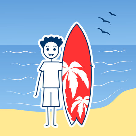 surfer boy holding a surf board on the sea beach, cartoon vector illustrationのイラスト素材