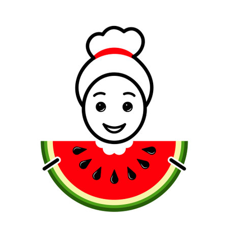 girl with watermelon, female character with a half slice of watermelon, simple vector illustrationのイラスト素材