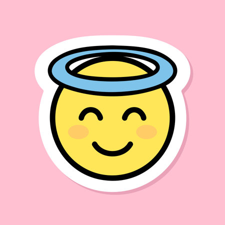blessing emoji sticker, yellow face with angel halo, black outline, pink background, vector design elementのイラスト素材
