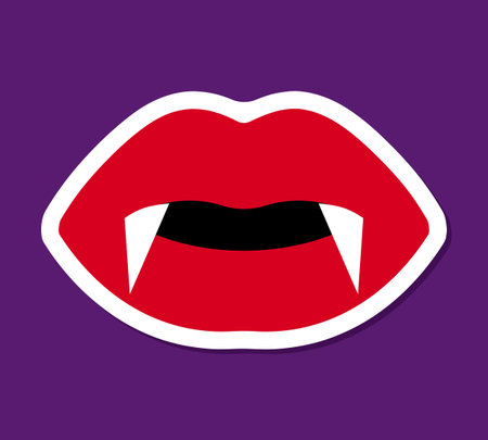 Halloween mouth with vampire teeth, red lips with sharp fangs sticker, vector design elementのイラスト素材
