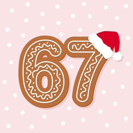 Christmas 67 Six Seven Cookies, 6 7 decorated numbers with santa hat, holiday graphic design for t-shirts, banners, posters, greeting cards, vector illustrationのイラスト素材
