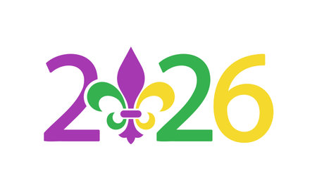 Mardi Gras 2026 numbers with fleur de lis symbol, vector illustrationのイラスト素材