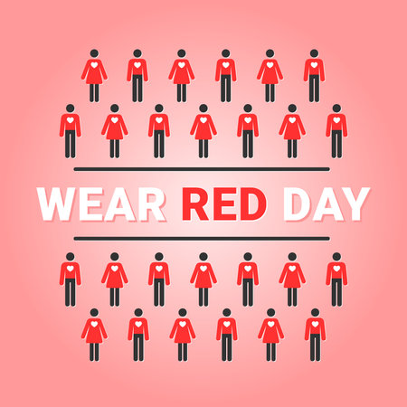 National Wear Red Day event banner, people in red dresses and sweaters with heart, February 6, vector illustrationのイラスト素材