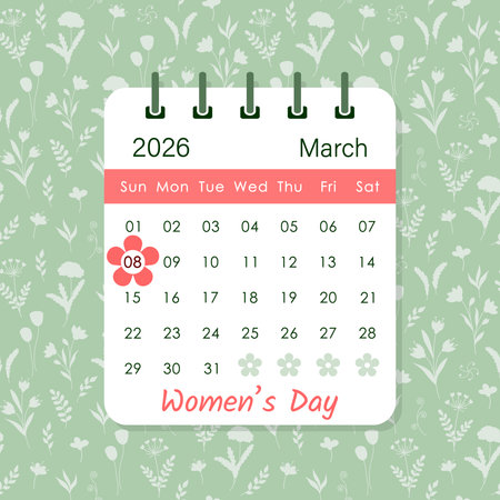 March 8 International Womens Day 2026 calendar date highlighted on calendar sheet, vector illustrationのイラスト素材