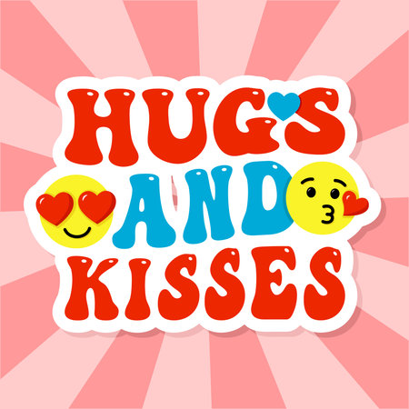 Hugs And Kisses sticker, Valentines Day wavy phrase, Valentine s Day wavy phrase with emojis, bright groovy lettering for t shirts design, mugs, banners, posters, gift cards, vector illustrationのイラスト素材
