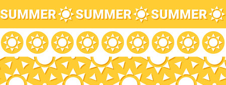 sunny summer washi tape set with sun symbol, yellow and white border line, ribbon design,  pattern, panoramic vector decorative elementsのイラスト素材