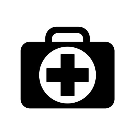 first aid kit sign, medical emergency box black vector iconのイラスト素材