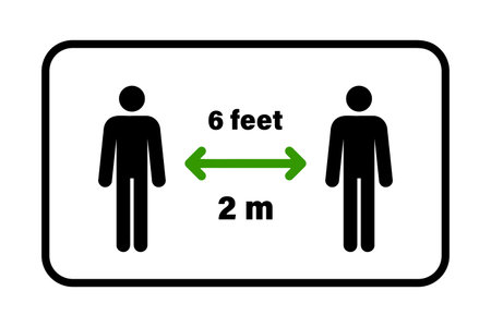 social distance instructional sign, stay 2 meter or 6 feet apart, vector illustrationのイラスト素材