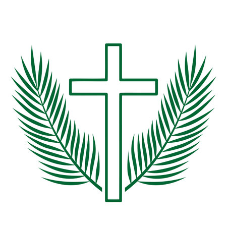 Palm Sunday Cross, religious holiday with palm branches and leaves, vector illustrationのイラスト素材