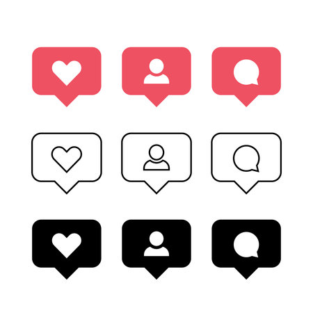 like, comment, follow icons, social media notification signs, set of black filled, red and outlined symbolsのイラスト素材