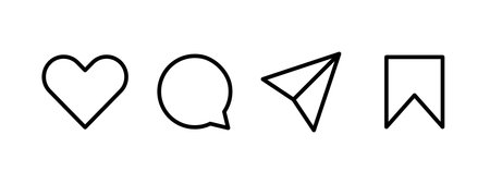 social media icons, like, comment, share, save, set of editable black line vector symbolsのイラスト素材