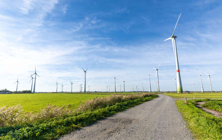DORNUM, GERMANY - OCTOBER 10, 2019: Enercon wind turbines in a field with blue skyのeditorial素材