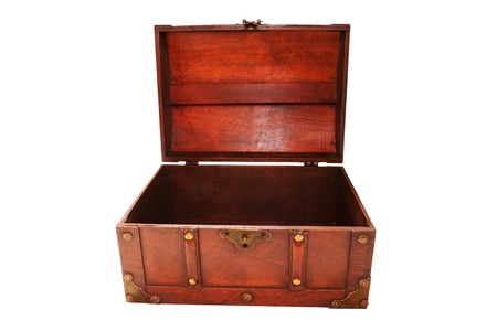 empty wooden open treasure chest isolated on whiteの写真素材