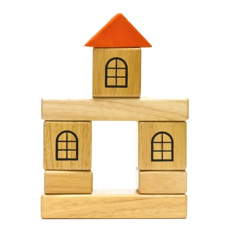 Colored wooden toys for the buildingの写真素材