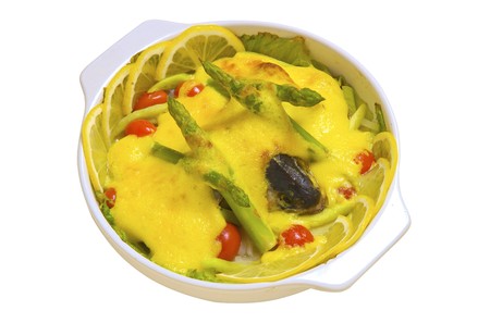 Baked pudding with the asparagus by lemon and the fishの写真素材