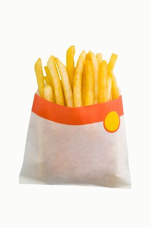 Fried potato in packing on a white background