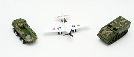 Military machine and aircraft model on a white backgroundの写真素材