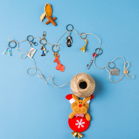 Souvenirs keychains from different cities of the worldの写真素材