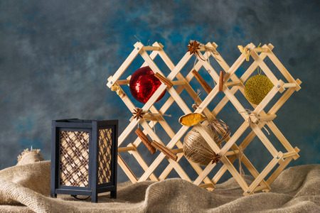 Christmas toy on natural sackcloth backgroundの写真素材
