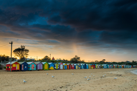 Brighton Beach, Australia: April 1, 2014: Colorful Beach House at sunrise in Brighton Beach Melbourne on April 1, 2014, Melbourne, Australiaのeditorial素材