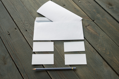 Template for branding identity. For graphic designers presentations and portfolios, mock-up, isolated on wooden background.の写真素材