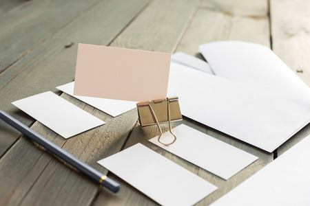 Template for branding identity. For graphic designers presentations and portfolios, mock-up, isolated on wooden background.の写真素材
