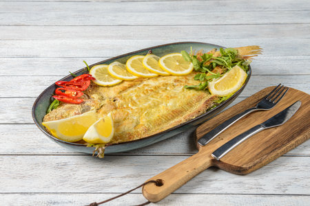 Juicy lemon slice on a wooden surface with fresh citrus fruit and a healthy fish dish.の写真素材