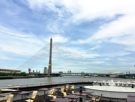 Somdet Phra Pinklao Bridge's view from a restaurant ferry on Chao Phraya river, Bangkok, Thailandの写真素材