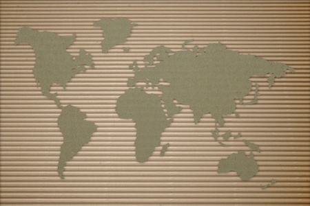 World map on corrugated cardboardの写真素材