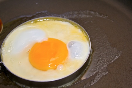 Fried egg on frying pan backgroundの写真素材