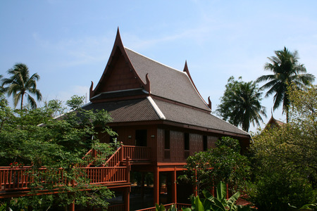 Wood home of thailand style with blue skyのeditorial素材