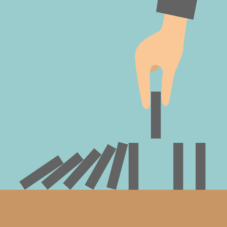 Concept businessman hand stopping the domino effectのイラスト素材
