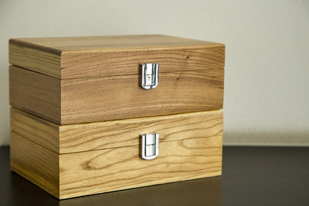 wood box on table and white wallの写真素材