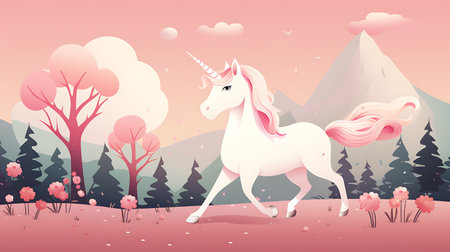 Magical Unicorn Cartoon with Floral Accents in a Minimalistic and Cute Style, pink, soft colors, adorable creature, minimalistic concept, flowers, colorful, Character, kids.の素材