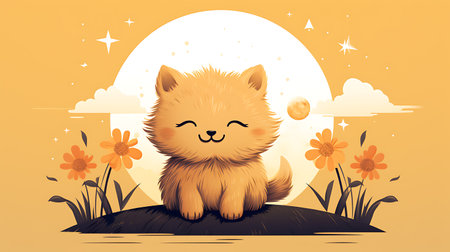 Minimalistic Cartoon Cat Illustration in Hand-drawn Style, cute poster design, charming and playfulの素材