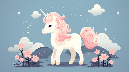 Magical Unicorn Cartoon with Floral Accents in a Minimalistic and Cute Style, pink, soft colors, adorable creature, minimalistic concept, flowers, colorful, Character, kids.の素材