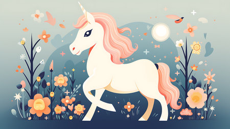 Magical Unicorn Cartoon with Floral Accents in a Minimalistic and Cute Style, pink, soft colors, adorable creature, minimalistic concept, flowers, colorful, Character, kids.の素材
