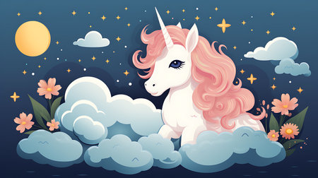 Magical Unicorn Cartoon with Floral Accents in a Minimalistic and Cute Style, pink, soft colors, adorable creature, minimalistic concept, flowers, colorful, Character, kids.の素材