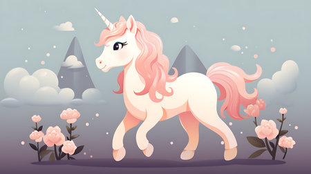 Magical Unicorn Cartoon with Floral Accents in a Minimalistic and Cute Style, pink, soft colors, adorable creature, minimalistic concept, flowers, colorful, Character, kids.の素材