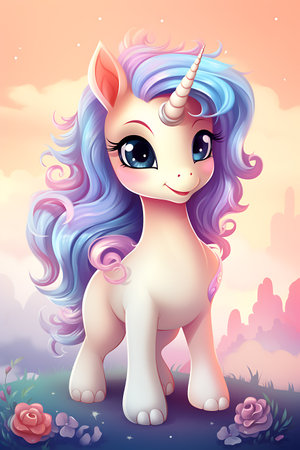 Magical Unicorn Cartoon with Floral Accents in a Minimalistic and Cute Style, pink, soft colors, adorable creature, minimalistic concept, flowers, colorful, Character, kids.の素材