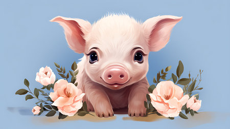 Charming Minimalistic Pig Sketch in Cartoon Art Style, drawing with soft colors.の素材