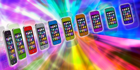 Several touchscreen smartphone on a colorful background. Cell Smart Mobile Phone 3Dの写真素材