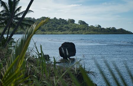 In Panama: photographed by palm fronds on a small island and a large floating stone in the Caribbean Sea - wanderlust callsの写真素材