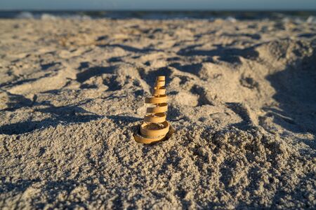 Close-up of a decorative wooden spiral on the beach on Sanibel Islandの写真素材
