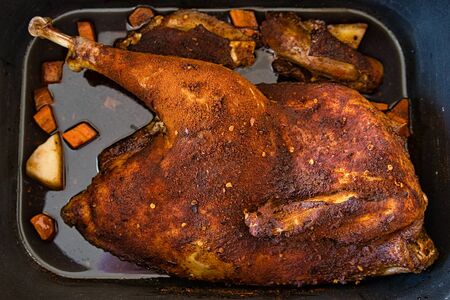 Cook turkey poultry with brown, crispy skin in a roaster at low temperatureの写真素材
