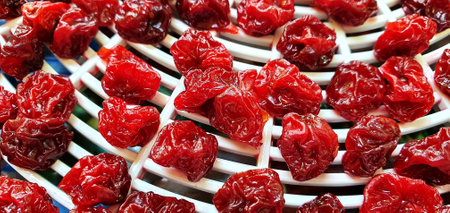 Dried cherry close up. Red delicious pitted cherries
