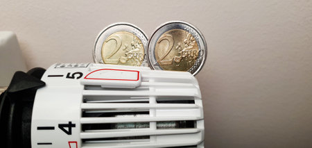 The cost of heating and electricity in Europe. Heating radiator thermostat with two coins of two euros on it. Significant rise in energy prices. energy crisis and recession. 2 euro coinsの写真素材