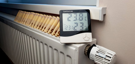 The thermometer is located on the heating radiator battery with a thermostat. 50 euro banknotes...