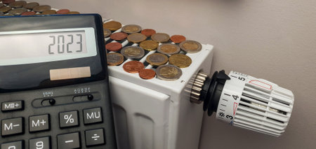 The high cost of heating in the new year 2023. Calculator near the battery of a heating radiator with a thermostat. There are a lot of coins on the radiator. Concept of rising heating costs in winterの写真素材